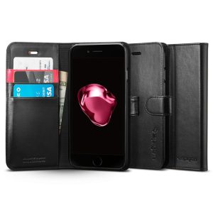 iPhone SE 2020 Wallet S Leather Flip Cover by Spigen - Black also for iPhone 8 & iPhone 7