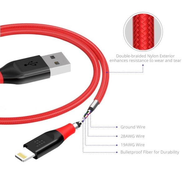 Tronsmart Double Braided Lightning Cable MFi Certified 1.8 M / 6 Ft Feet Length -  Red.