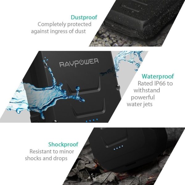 RAVPower 10050mah Waterproof Dustproof and Shockproof Power Bank Built-in Flashlight Black