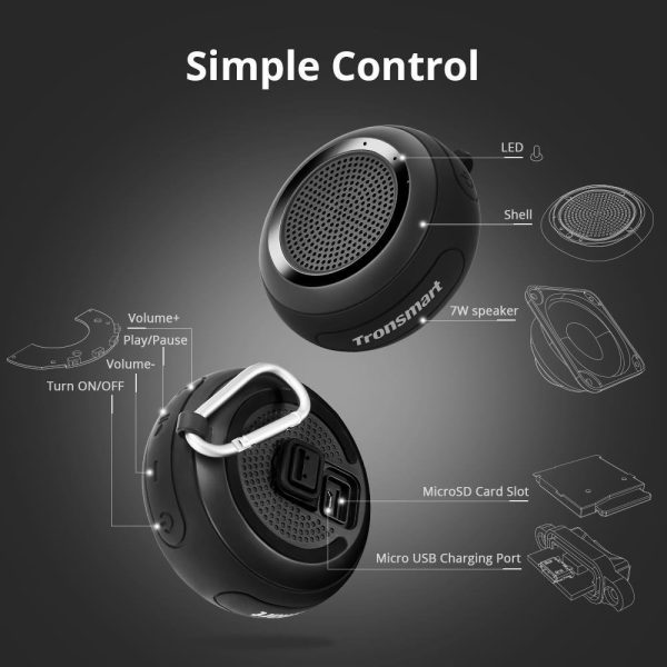 Tronsmart Splash Wireless Bluetooth Speaker, IP67 Waterproof , 10-Hour Playtime, Enhanced Bass, Built-in Mic, True Wireless Stereo - Black