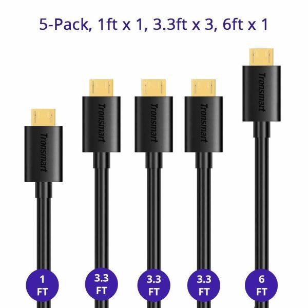 Tronsmart Micro USB Cable Pack - 5 Cable Pack MUPP6 - Black (1ft x 1,3.3ft x 3,6ft x 1)