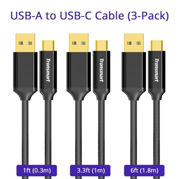 Tronsmart CPP9 Braided Nylon USB-C to USB-A 3.0 Charging & Syncing Cable (1 Feet*1, 3.3 Feet*1, 6 Feet*1 / 3 Pack)