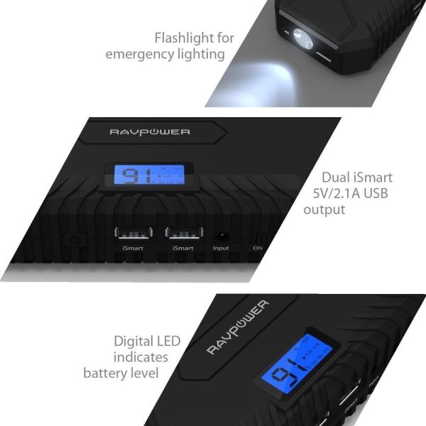 RAVPower 14000mah Car Jump Starter 550A Peak 12V (up to 5L Gas, 3L Diesel Engine) Booster Battery Charger with 4.2A output Built-In LCD Display & LED Flashlight RAVPower 14000mah Car Jump Starter 550A Peak 12V (up to 5L Gas, 3L Diesel Engine) Booster Battery Charger with 4.2A output Built-In LCD Display & LED Flashlight