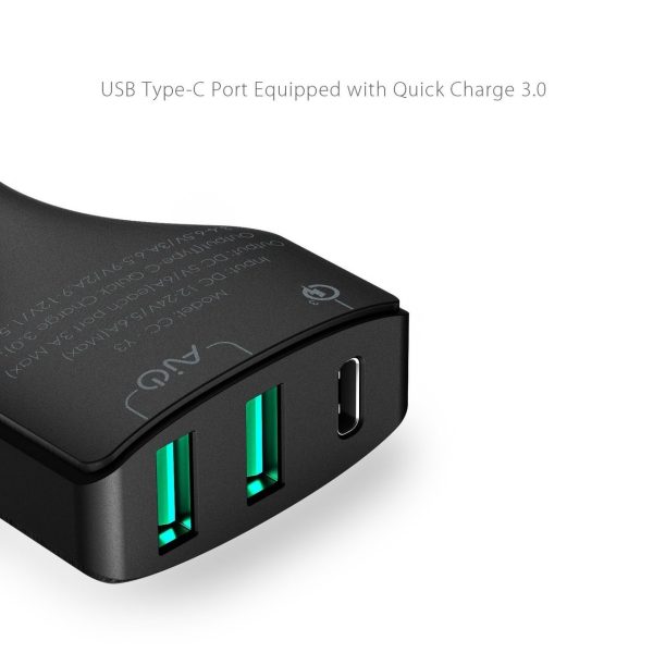 AUKEY USB-C 3-Port 48W Quick Charge 3.0 Car Charger - Black - CC-Y3 AUKEY USB-C 3-Port 48W Quick Charge 3.0 Car Charger - Black - CC-Y3