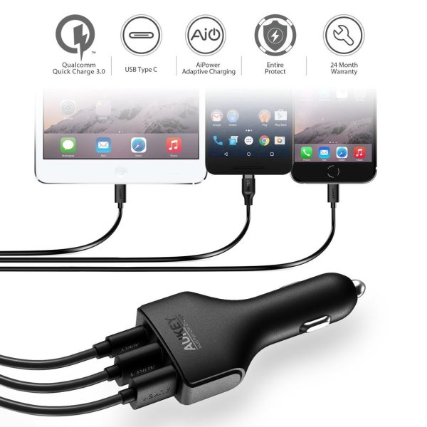 AUKEY USB-C 3-Port 48W Quick Charge 3.0 Car Charger - Black - CC-Y3 AUKEY USB-C 3-Port 48W Quick Charge 3.0 Car Charger - Black - CC-Y3