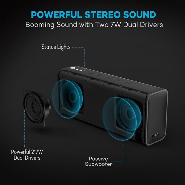 TaoTronics 14W Stereo Wireless Portable Bluetooth Speaker Pulse X from Dual 7W Drivers, Strong Bass, High Definition Audio, Built-in Microphone - TT SK10