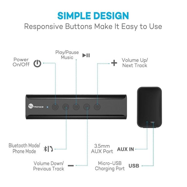 TaoTronics 14W Stereo Wireless Portable Bluetooth Speaker Pulse X from Dual 7W Drivers, Strong Bass, High Definition Audio, Built-in Microphone - TT SK10 TaoTronics 14W Stereo Wireless Portable Bluetooth Speaker Pulse X from Dual 7W Drivers, Strong Bass, High Definition Audio, Built-in Microphone - TT SK10