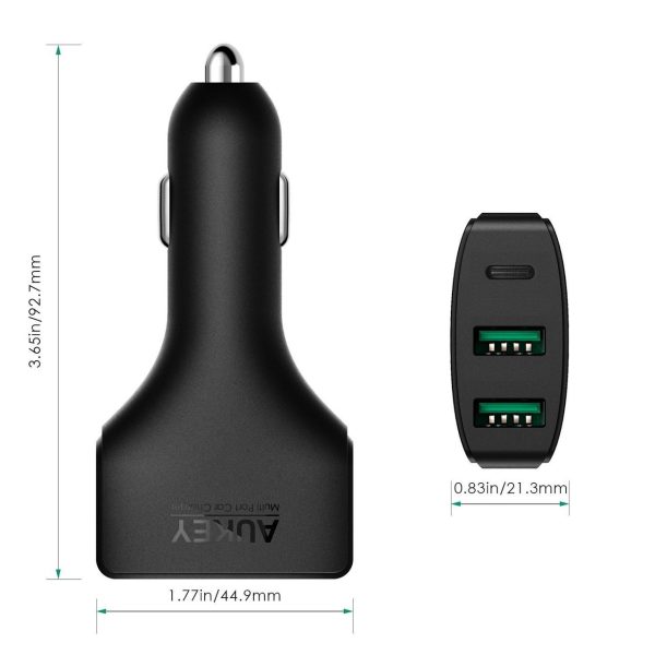 AUKEY USB-C 3-Port 48W Quick Charge 3.0 Car Charger - Black - CC-Y3 AUKEY USB-C 3-Port 48W Quick Charge 3.0 Car Charger - Black - CC-Y3