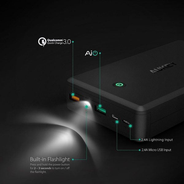 AUKEY 30000mAh Portable Charger with Quick Charge 3.0, Lightning & Micro-USB Input - PB-T11