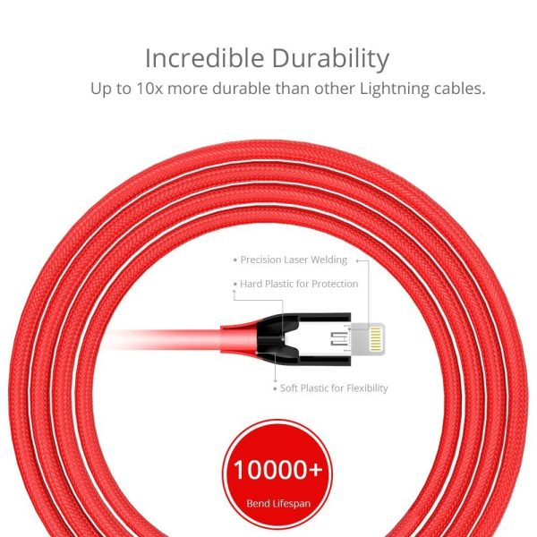 Tronsmart Braided Lightning Cable MFi Certified 10 Ft. Length - Red