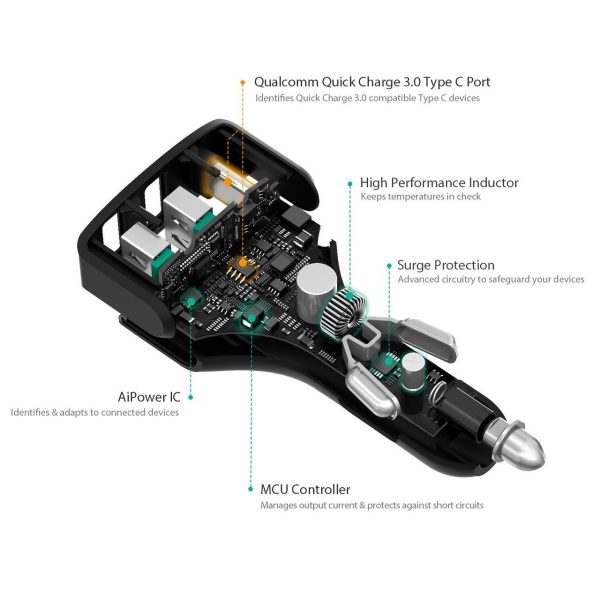 AUKEY USB-C 3-Port 48W Quick Charge 3.0 Car Charger - Black - CC-Y3 AUKEY USB-C 3-Port 48W Quick Charge 3.0 Car Charger - Black - CC-Y3