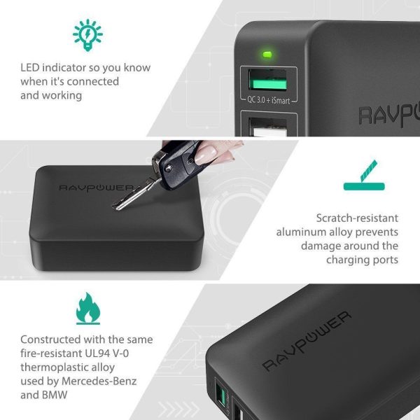 RAVPower 40W 4-Port Fast Charger Desktop Charger Charging Station with Quick Charge 3.0