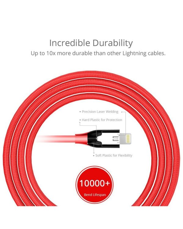Tronsmart Braided Lightning Cable MFi Certified 10 Ft. Length - Red