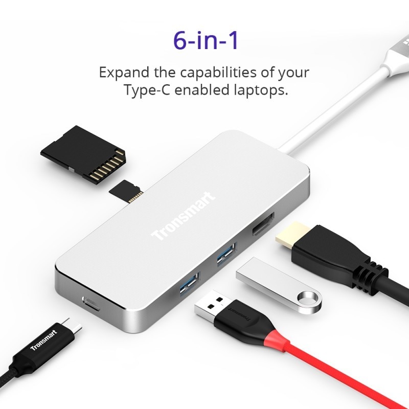 Tronsmart CTHA1 USB Type-C 3.1 Hub with Type-C Charging Port, HDMI Output, Card Readers, USB 3.0 Ports for all Type C Laptops including Macbooks - Silver
