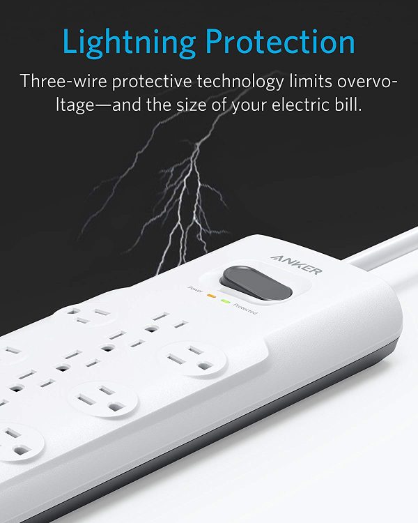 Anker PowerPort Power Strip, 12 Outlets & 3 USB Ports, Surge Protector with 6ft Cord, and PowerIQ - White A27621D1 - Image 5