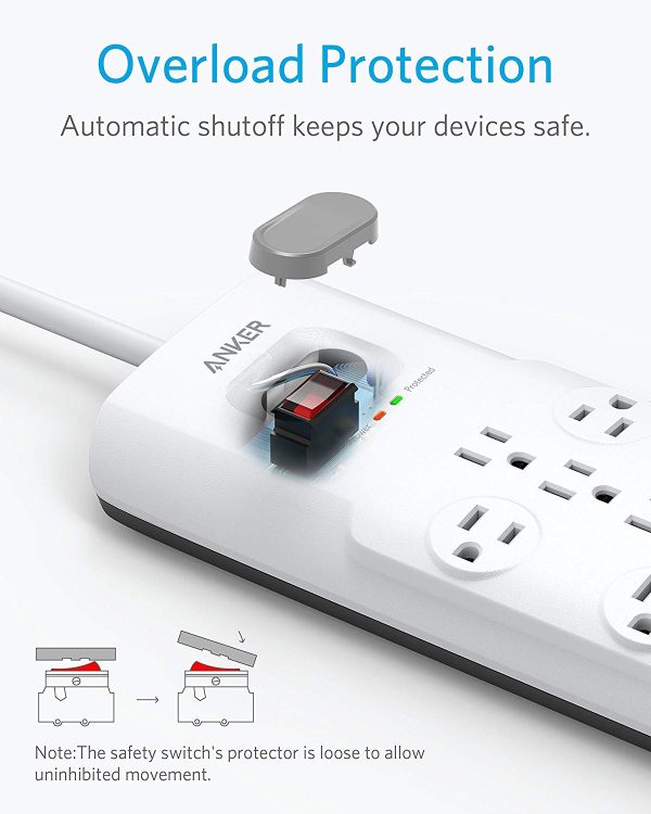 Anker PowerPort Power Strip, 12 Outlets & 3 USB Ports, Surge Protector with 6ft Cord, and PowerIQ - White A27621D1 - Image 6