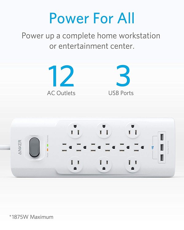 Anker PowerPort Power Strip, 12 Outlets & 3 USB Ports, Surge Protector with 6ft Cord, and PowerIQ - White A27621D1 - Image 3