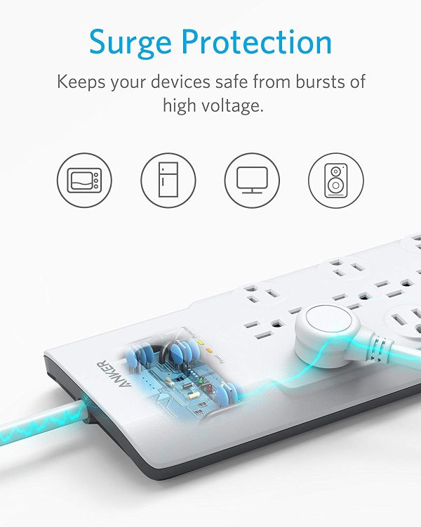 Anker PowerPort Power Strip, 12 Outlets & 3 USB Ports, Surge Protector with 6ft Cord, and PowerIQ - White A27621D1 - Image 4