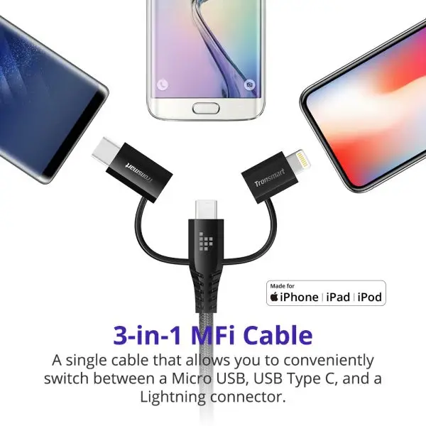 Tronsmart 3 in 1 MFi Certified Lightning - USB Type C - Micro USB Braided Premium Cable - 4 Feet - LAC10 - Image 10