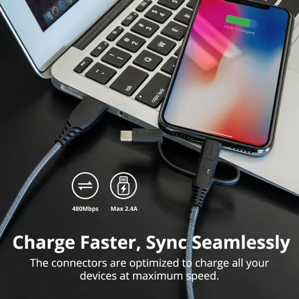 Tronsmart 3 in 1 MFi Certified Lightning - USB Type C - Micro USB Braided Premium Cable - 4 Feet - LAC10 - Image 7