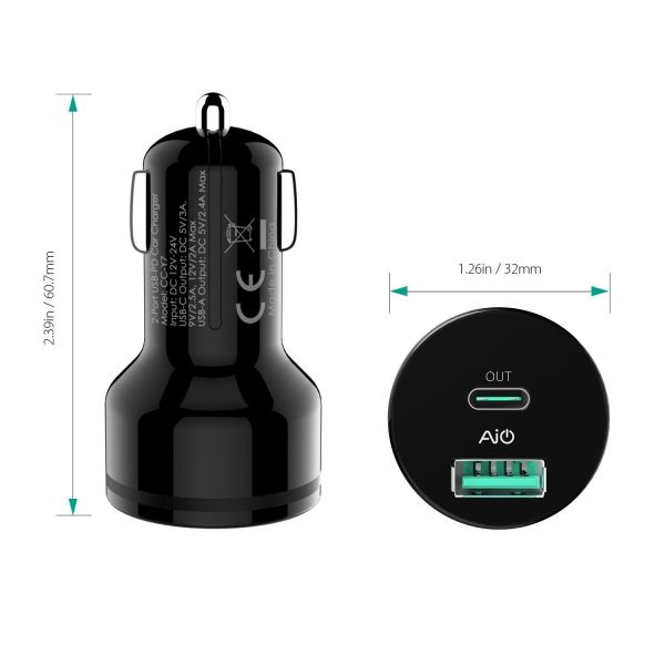 AUKEY Car Charger with Power Delivery, 27W USB-C & 5V/2.4A USB Dual Port Output - CC-Y7 - Image 2