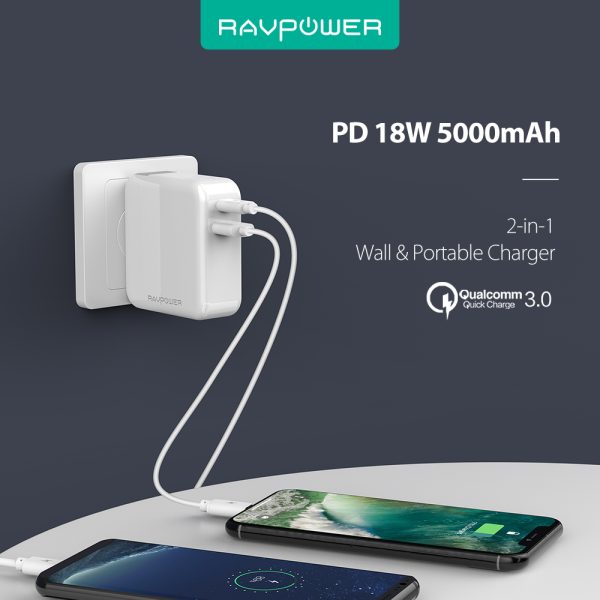 6533a0eecd RAVPower 2 in 1 Wall & Portable Charger 5000 mAh - US Plug - White - RP-PB101 - Image 4