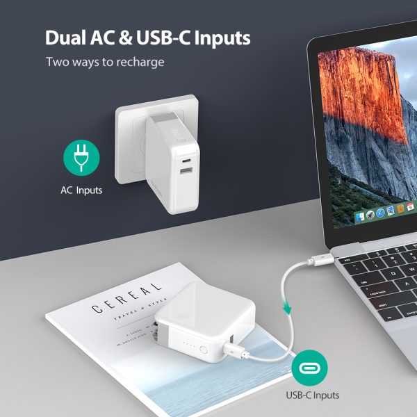 839a9b6c40 RAVPower 2 in 1 Wall & Portable Charger 5000 mAh - US Plug - White - RP-PB101 - Image 3