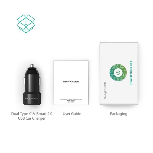 USB C & USB A Fast Car Charger by RAVPower for iPhone, Samsung & other Smartphones - RP-PC022 - Black - Image 7