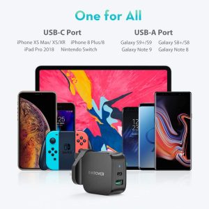 18 W USB C Power Delivery Charger & Quick Charge 3.0 Dual Port Wall Charger by RAVPower - Black - RP-PC108 - UK Plug - Image 3