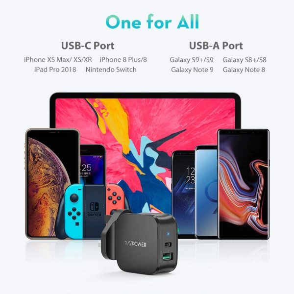 61Fsc2zlHsL._AC_SL1000_ 18 W USB C Power Delivery Charger & Quick Charge 3.0 Dual Port Wall Charger by RAVPower - Black - RP-PC108 - UK Plug - Image 3