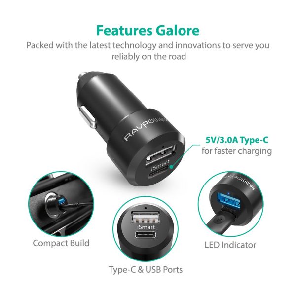 USB C & USB A Fast Car Charger by RAVPower for iPhone, Samsung & other Smartphones - RP-PC022 - Black - Image 2