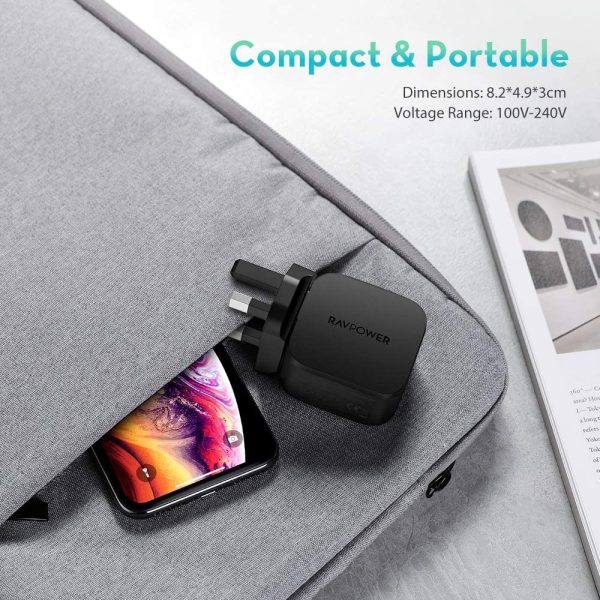 71vdBQNTo7L._AC_SL1000_ 18 W USB C Power Delivery Charger & Quick Charge 3.0 Dual Port Wall Charger by RAVPower - Black - RP-PC108 - UK Plug - Image 2