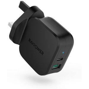 18 W USB C Power Delivery Charger & Quick Charge 3.0 Dual Port Wall Charger by RAVPower - Black - RP-PC108 - UK Plug