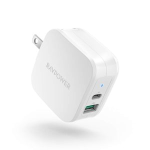 18 W USB C Power Delivery Charger & Quick Charge 3.0 Dual Port Wall Charger by RAVPower - US Foldable Plug - White - RP-PC108