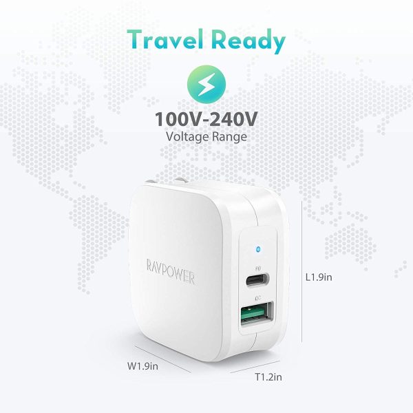18 W USB C Power Delivery Charger & Quick Charge 3.0 Dual Port Wall Charger by RAVPower - US Foldable Plug - White - RP-PC108 - Image 2