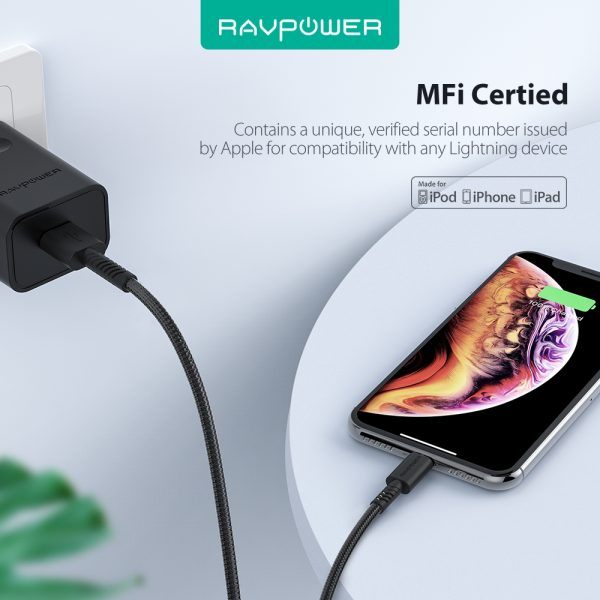 Braided Lightning Cable MFi Certified - 2 M - 6 Feet - Black - RP-CB042 by Ravpower - Image 2