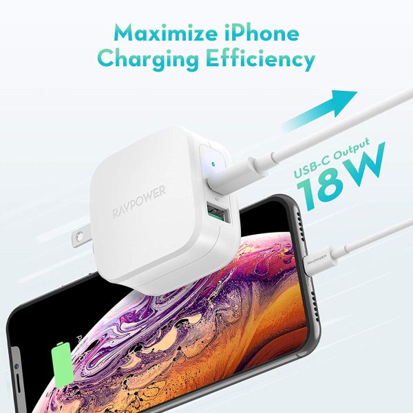 18 W USB C Power Delivery Charger & Quick Charge 3.0 Dual Port Wall Charger by RAVPower - US Foldable Plug - White - RP-PC108 - Image 4
