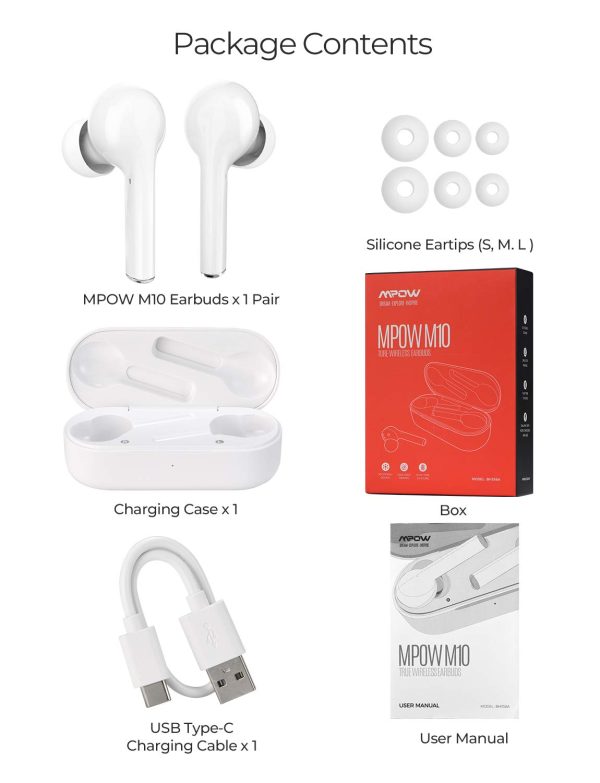 M10 True Wireless Earbuds by MPOW - 4 Mics, ENC Noise Cancelling Tech & 26 Hrs Playtime - White - Image 2