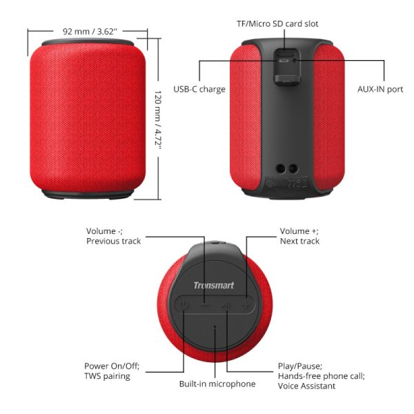 Tronsmart Element T6 Mini Bluetooth Wireless Speaker - Red - Image 11