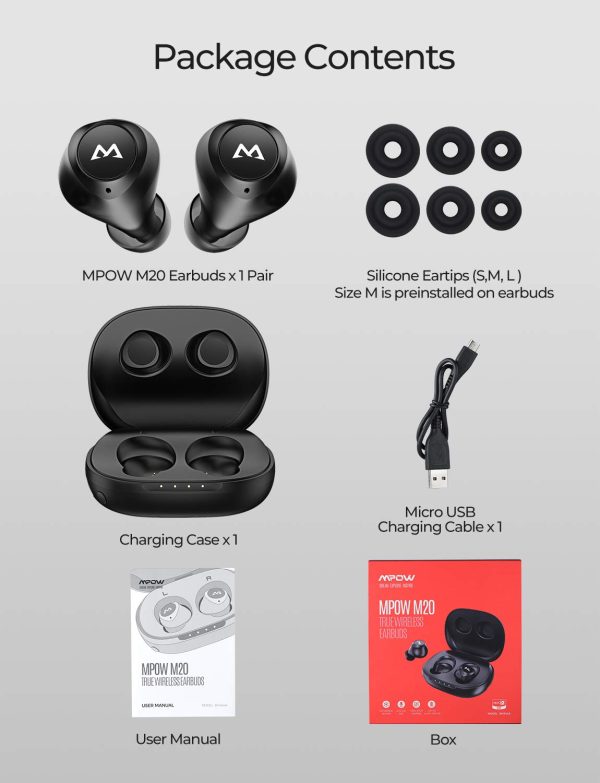 MPOW M20 aptX 3D Sound, IPX7 Waterproof, 106 Hrs Battery True Wireless Earbuds - Black - Image 2