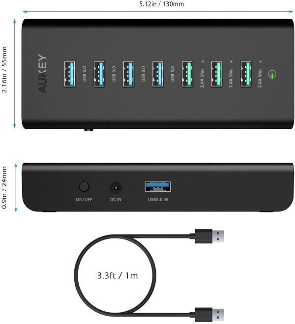 AUKEY USB Hub Powered Charging, 7 Port USB 3.0 Hub with 3 Charging Ports, 4 USB 3.0 Data Ports, 12V/3A Power Adapter & Power Switch for Laptop - CB-H19 - Image 2