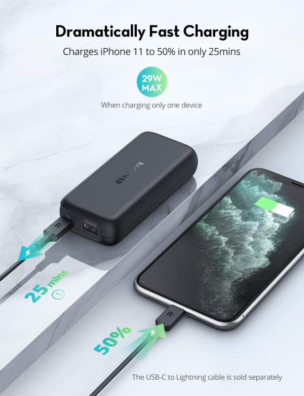 61HcXmUF2BL._AC_SL1300_ Portable Charger RAVPower 10000mAh Power Bank USB C PD 29W MAX Ultra Slim Battery Pack  - Black - RP-PB186 - Image 2