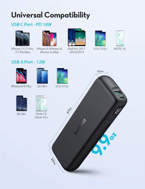 PD Power Bank 15000mAh PD 3.0 USB C Portable Charger 30W Power Delivery Battery Pack with LED Display - RP-PB203 - Black by Ravpower - Image 2