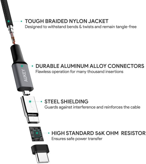61eYbJWwwTL._AC_SL1500_ AUKEY USB C Cable 3ft Braided USB 3.0 Type C Cable Fast Charge - Black - CB-CD2 - Image 8
