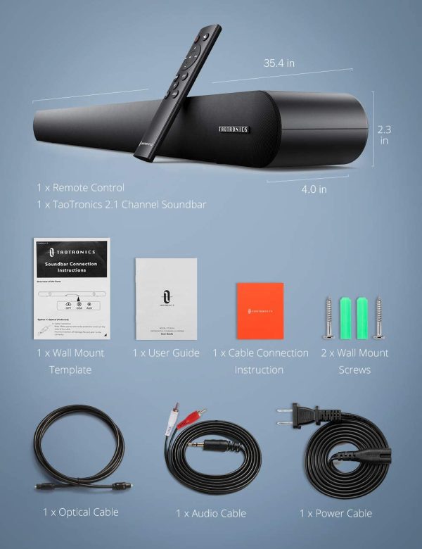 Soundbar 36 inches, 2.1 Channel with 90W Power, Bluetooth 5.0 / Wired Optical / Aux /Coaxial Connection - TT-SK026 - Image 2