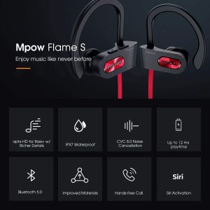 Mpow Flame S Bluetooth Headphones Sports with aptX-HD, Bass+, Loud Sound, BT5.0 & CVC 8.0 Noise Cancelling Mic with Carrying Case - Red - Image 3