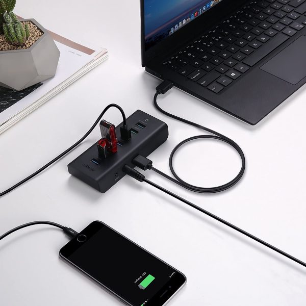 AUKEY USB Hub Powered Charging, 7 Port USB 3.0 Hub with 3 Charging Ports, 4 USB 3.0 Data Ports, 12V/3A Power Adapter & Power Switch for Laptop - CB-H19 - Image 3