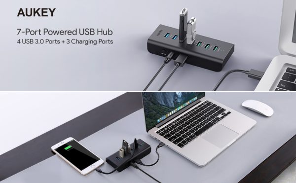AUKEY USB Hub Powered Charging, 7 Port USB 3.0 Hub with 3 Charging Ports, 4 USB 3.0 Data Ports, 12V/3A Power Adapter & Power Switch for Laptop - CB-H19 - Image 7