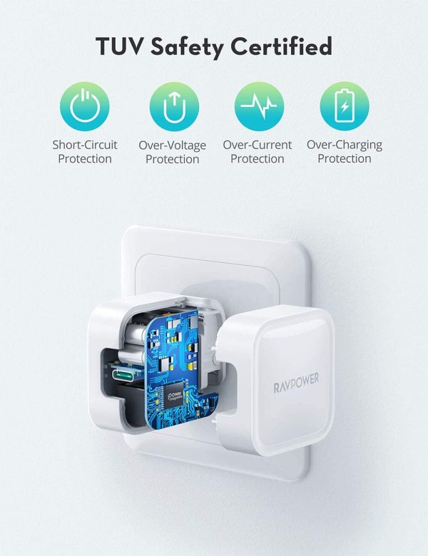 iPhone 12 USB C 30W PD 3.0 Wall Charger GaN Tech Type C Fast Charging Power Delivery Foldable Adapter - RP-PC120 - White - Image 3