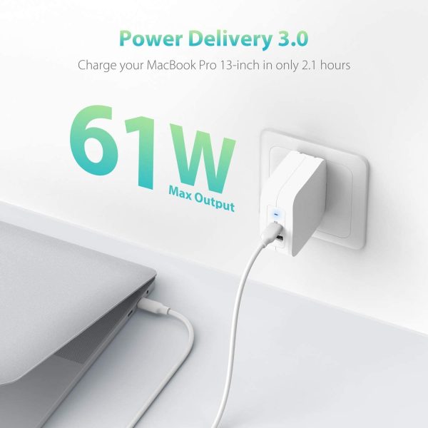 RAVPower 61W Wall Charger PD 3.0 Dual Port Fast Charging Power Delivery for Macbooks, Laptops & iPhones - RP-PC105 - White - Image 3